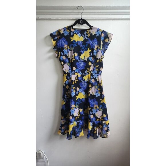 Banana Republic mini dress women's 4 blue yellow floral ruffle wrap V-neck flowy - Picture 7 of 9